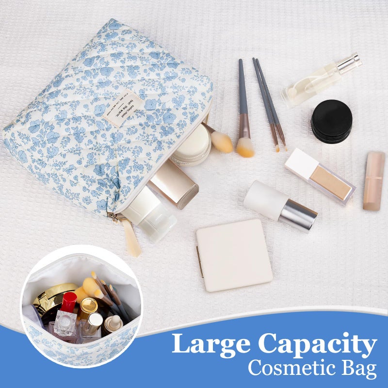 Gosect Floral Makeup Bag  Small Cosmetic Bag for Women Girls  Cute Cotton Makeup Bag  Quilted Makeup Bags  Flower Travel Toiletry Organizer Bag(Blue Floral) - Image 4